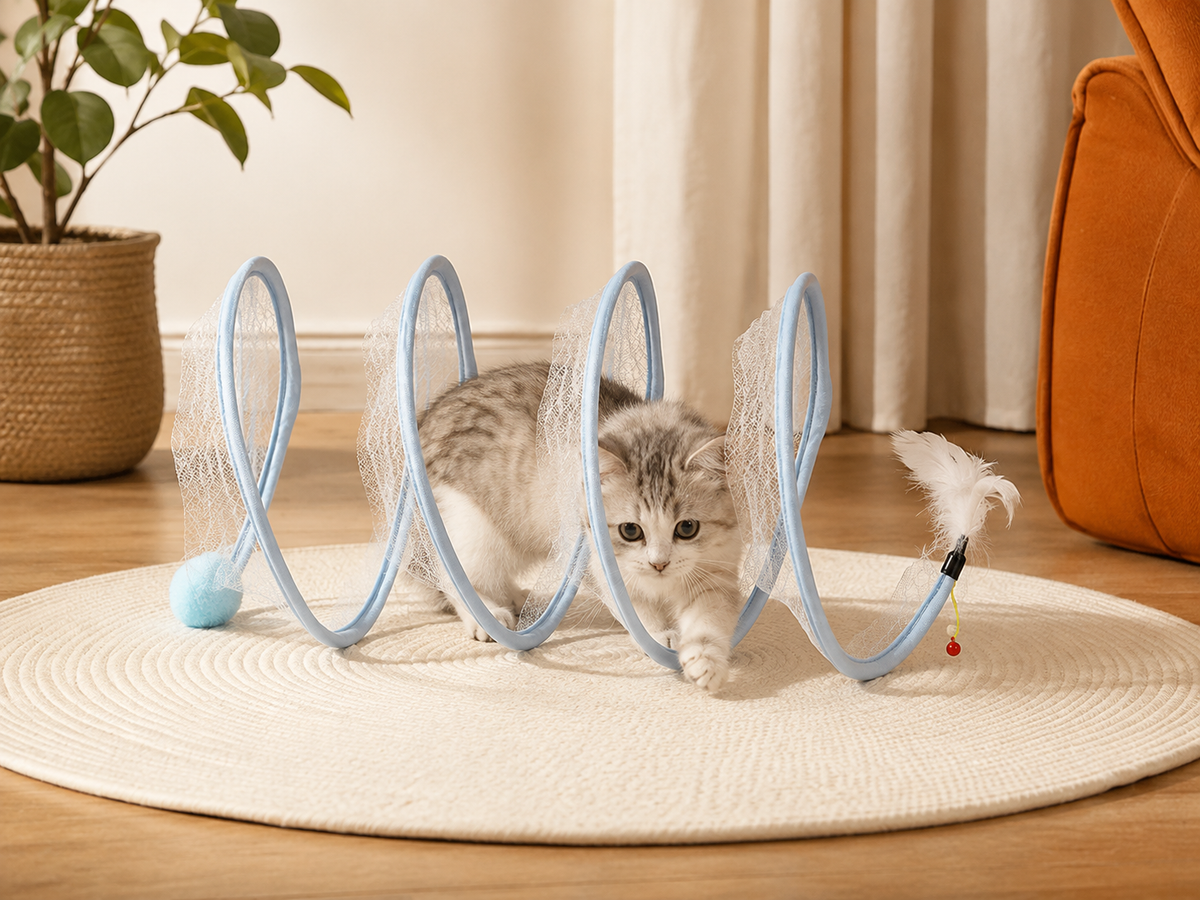 Encourage Active Play – Foldable S-Type Interactive Cat Tunnel with Feather & Mouse