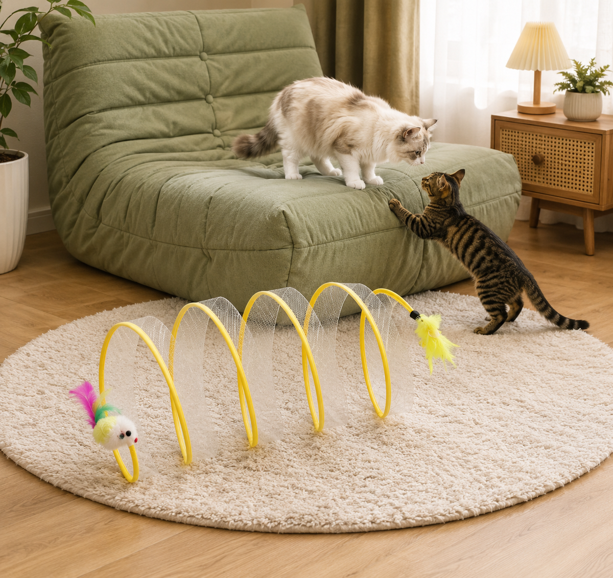 Encourage Active Play – Foldable S-Type Interactive Cat Tunnel with Feather & Mouse